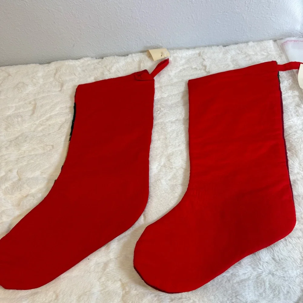 Vintage Needlepoint Christmas Stockings Set of 2 Angel Santa Beaded Red Green